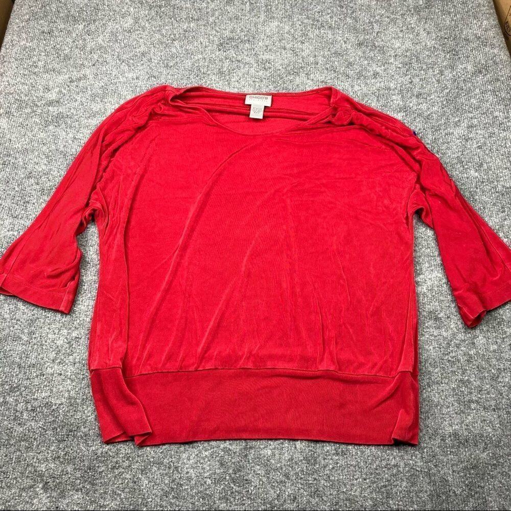Chicos Travelers Top Womens 3 Red Slinky Knit Three Quarter‎ Sleeve Banded Hem
